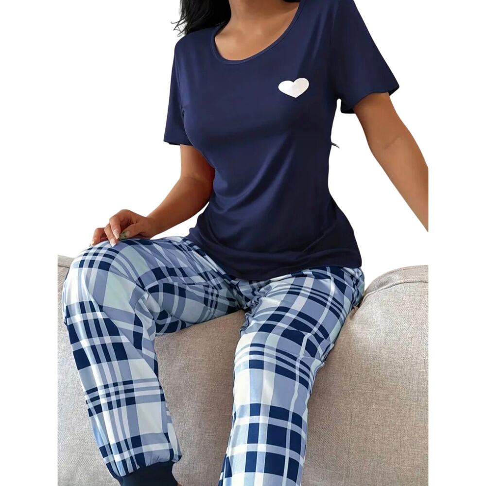 Women's 2-Piece Pajama Set Navy Blue Heart Tee & Blue Plaid Jogger Pants L